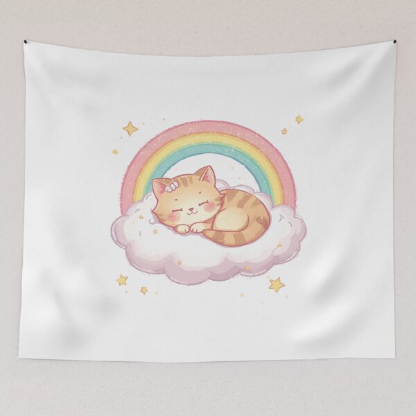 Item preview, Sleeping Kawaii Cat Under Rainbow Cloud designed and sold by Oddifys.