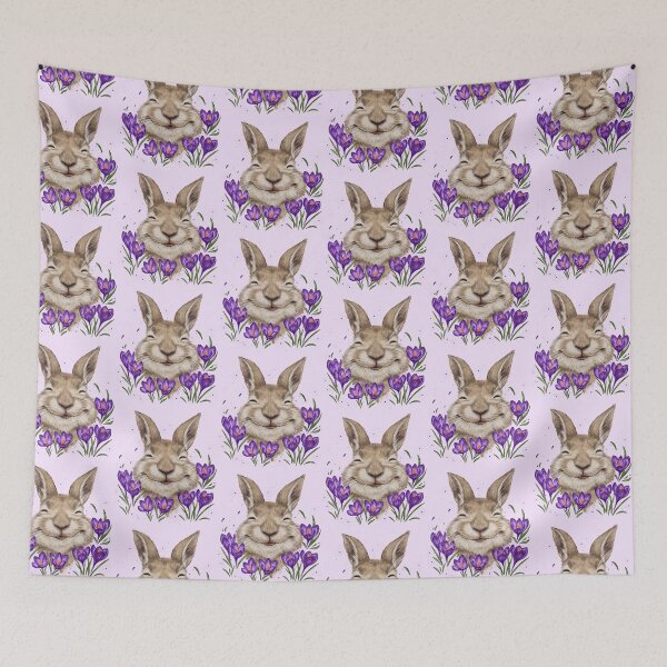 Item preview, Happy hare among crocuses, smiling Easter bunny and purple flowers, spring purple crocuses, garden, wildlife, animal protection designed and sold by ArtbySvetik.
