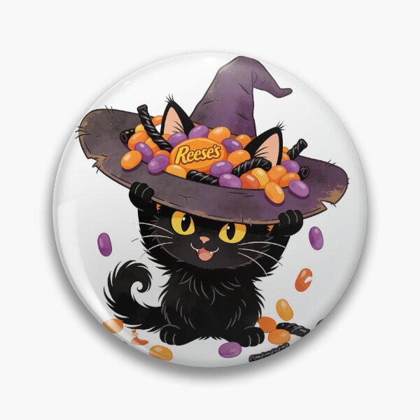 Item preview, Cute Black Cat in Candy-Filled Witch Hat – Kawaii Halloween Cartoon Illustration designed and sold by OksArtStudio.