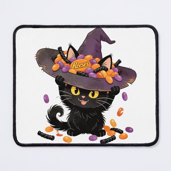 Item preview, Cute Black Cat in Candy-Filled Witch Hat – Kawaii Halloween Cartoon Illustration designed and sold by OksArtStudio.