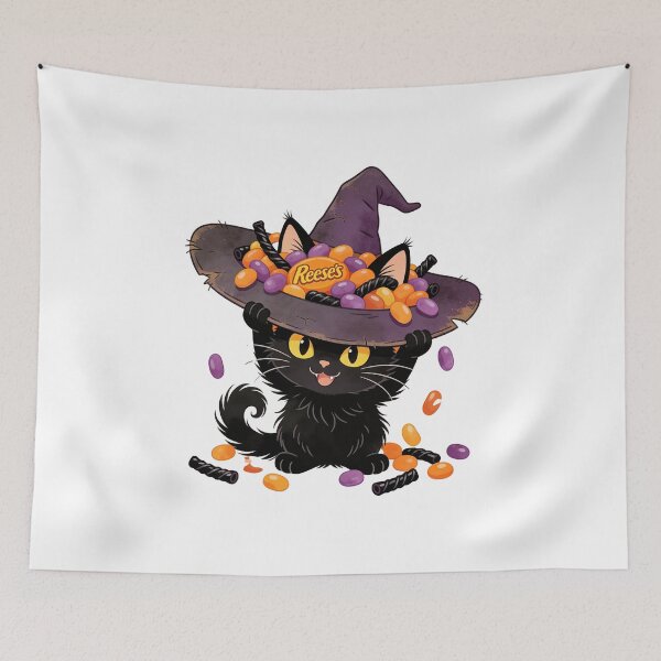 Item preview, Cute Black Cat in Candy-Filled Witch Hat – Kawaii Halloween Cartoon Illustration designed and sold by OksArtStudio.