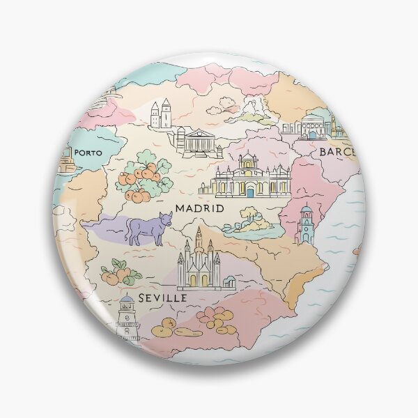 Item preview, Whimsical hand-drawn map of Spain featuring iconic landmarks, cities, architecture, food, transport, and coastal scenery in soft pastel colors. designed and sold by maewjpho.