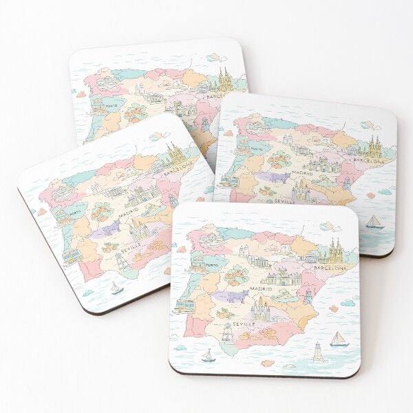 Item preview, Whimsical hand-drawn map of Spain featuring iconic landmarks, cities, architecture, food, transport, and coastal scenery in soft pastel colors. designed and sold by maewjpho.