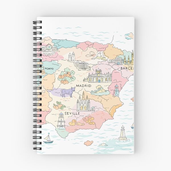 Item preview, Whimsical hand-drawn map of Spain featuring iconic landmarks, cities, architecture, food, transport, and coastal scenery in soft pastel colors. designed and sold by maewjpho.