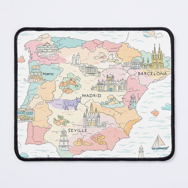 Item preview, Whimsical hand-drawn map of Spain featuring iconic landmarks, cities, architecture, food, transport, and coastal scenery in soft pastel colors. designed and sold by maewjpho.