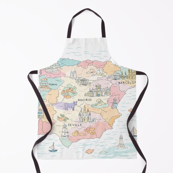 Item preview, Whimsical hand-drawn map of Spain featuring iconic landmarks, cities, architecture, food, transport, and coastal scenery in soft pastel colors. designed and sold by maewjpho.