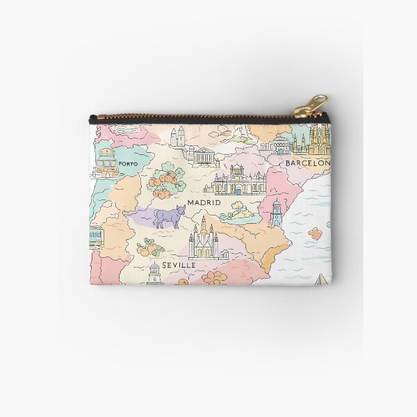 Item preview, Whimsical hand-drawn map of Spain featuring iconic landmarks, cities, architecture, food, transport, and coastal scenery in soft pastel colors. designed and sold by maewjpho.