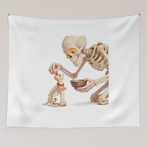 Item preview, Cute Skeleton Feeding Tiny Skeleton Dog – Funny Halloween Cartoon Illustration designed and sold by OksArtStudio.