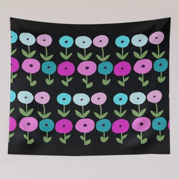 Item preview, Dynamic Spring Flowers Magenta Blue on Black Background designed and sold by Designs by Sara Felton.