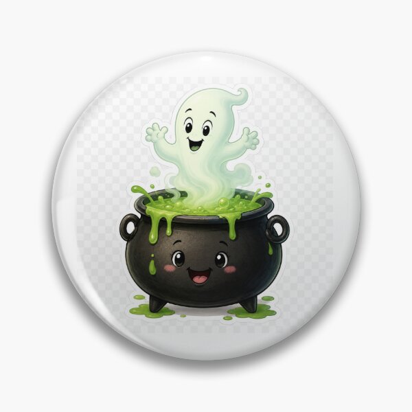 Item preview, Smiling Magic Cauldron with Green Potion and Ghost – Cute Halloween Cartoon Illustration designed and sold by OksArtStudio.