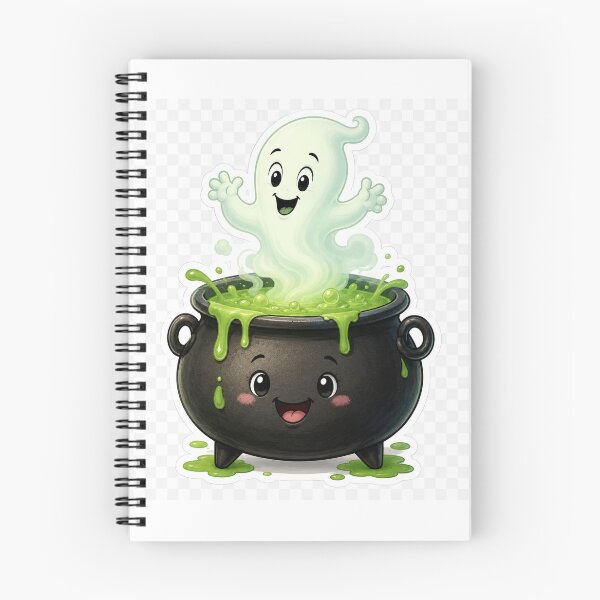 Item preview, Smiling Magic Cauldron with Green Potion and Ghost – Cute Halloween Cartoon Illustration designed and sold by OksArtStudio.