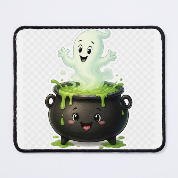 Item preview, Smiling Magic Cauldron with Green Potion and Ghost – Cute Halloween Cartoon Illustration designed and sold by OksArtStudio.