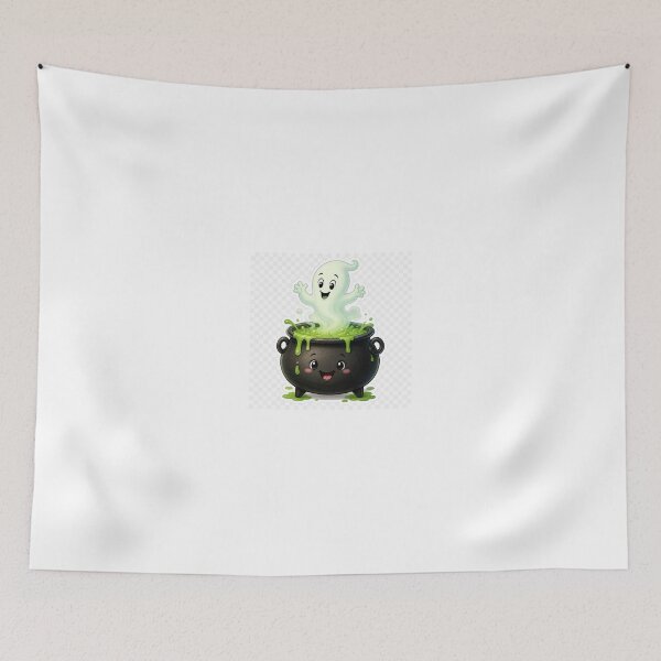 Item preview, Smiling Magic Cauldron with Green Potion and Ghost – Cute Halloween Cartoon Illustration designed and sold by OksArtStudio.