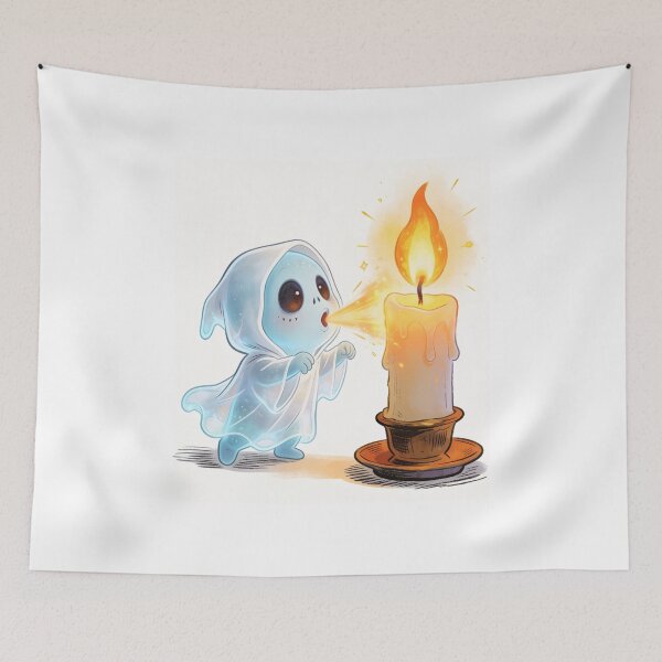 Item preview, Cute Little Ghost Blowing Out Candle – Funny Halloween Cartoon Illustration designed and sold by OksArtStudio.