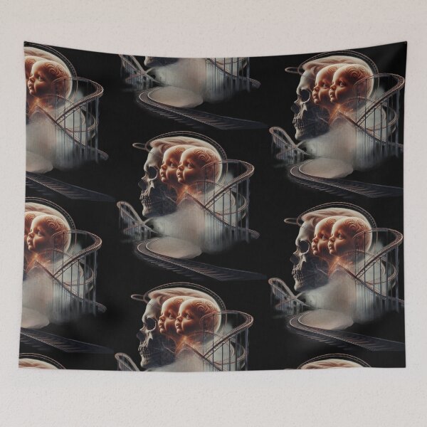 Item preview, Vintage Twin Dolls and Skull Rollercoaster Surreal Art designed and sold by LujziWorld.