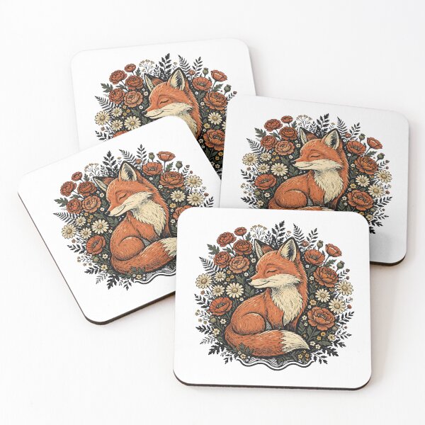 Item preview, Cottagecore Fox Sleeping in Flowers - Vintage Woodcut Floral Fox Art | Peaceful Fox Among Wildflowers - Boho Folk Art Fox and Poppies Illustration designed and sold by Neurospicy Trolls.