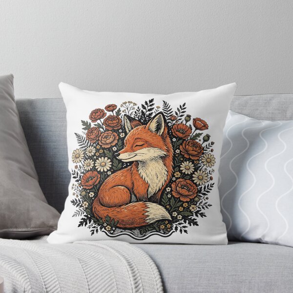 Item preview, Cottagecore Fox Sleeping in Flowers - Vintage Woodcut Floral Fox Art | Peaceful Fox Among Wildflowers - Boho Folk Art Fox and Poppies Illustration designed and sold by Neurospicy Trolls.