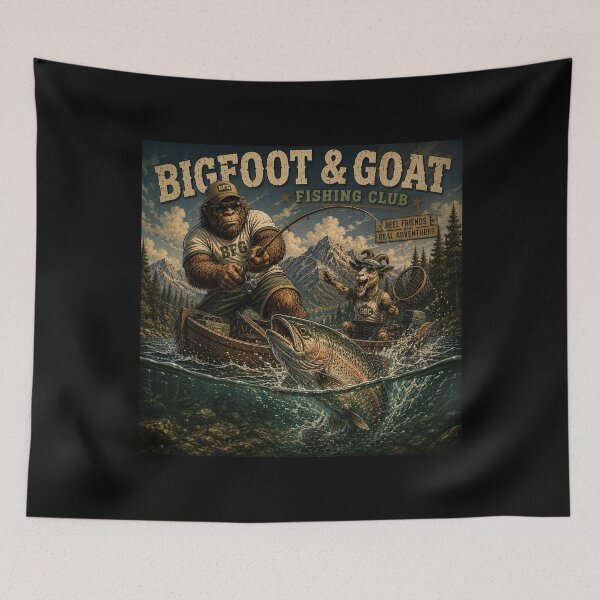 Item preview, Bigfoot and Goat Fishing Adventure Vintage Reel Friends designed and sold by NicheBloom.