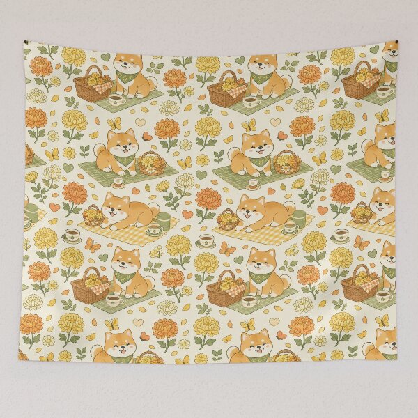 Artikelvorschau, Shiba Inu Chrysantheme Picknick Kawaii Blumenmuster entworfen und verkauft von Soft Berry Studio.