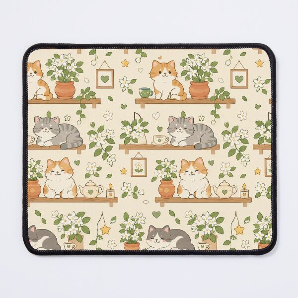 Item preview, Cozy Cat Jasmine Shelf Kawaii Floral Pattern designed and sold by Soft Berry Studio.