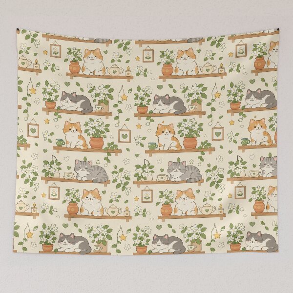 Item preview, Cozy Cat Jasmine Shelf Kawaii Floral Pattern designed and sold by Soft Berry Studio.