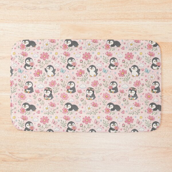 Item preview, Penguin Cosmos Garden Kawaii Floral Pattern designed and sold by Soft Berry Studio.