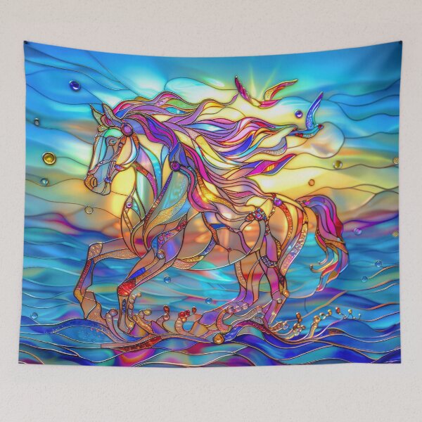 Item preview, Horse Ocean Sunset Art – Galloping Horse Stained Glass Coastal Artwork designed and sold by MargaretWiktor.