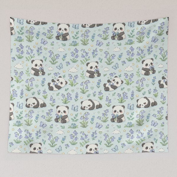 Item preview, Panda Bluebell Meadow Kawaii Floral Pattern designed and sold by Soft Berry Studio.