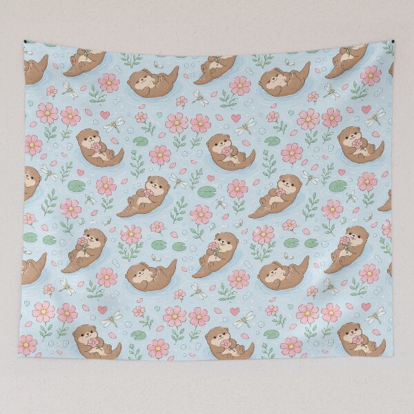 Item preview, Otter Cosmos River Kawaii Floral Pattern designed and sold by Soft Berry Studio.