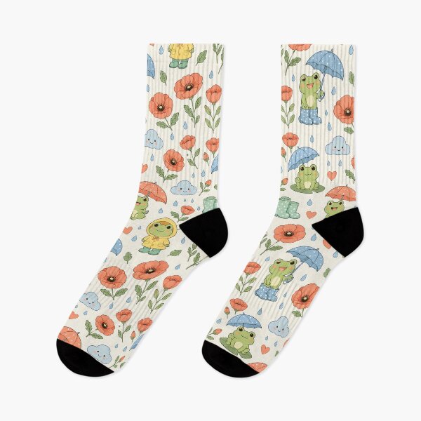 Item preview, Frog Poppy Rain Garden Kawaii Floral Pattern designed and sold by Soft Berry Studio.