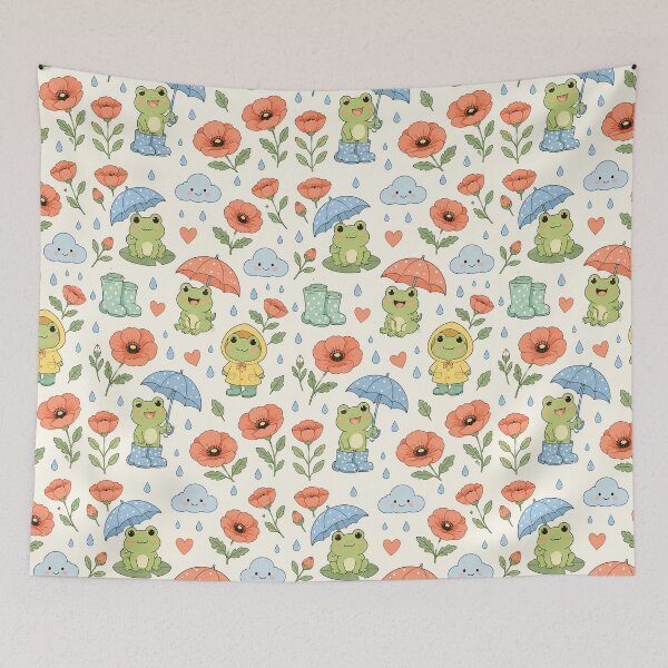 Item preview, Frog Poppy Rain Garden Kawaii Floral Pattern designed and sold by Soft Berry Studio.