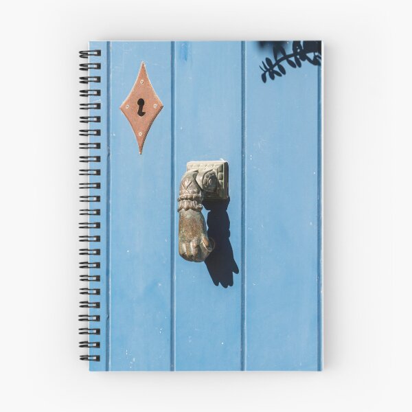 Item preview, Antique Brass Hand Door Knocker On Weathered Blue Wooden Door With Rustic Keyhole Plate designed and sold by Nmallia.