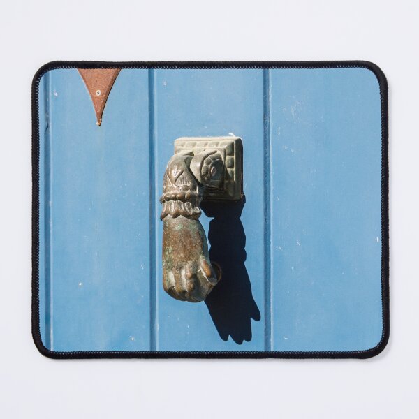 Item preview, Antique Brass Hand Door Knocker On Weathered Blue Wooden Door With Rustic Keyhole Plate designed and sold by Nmallia.