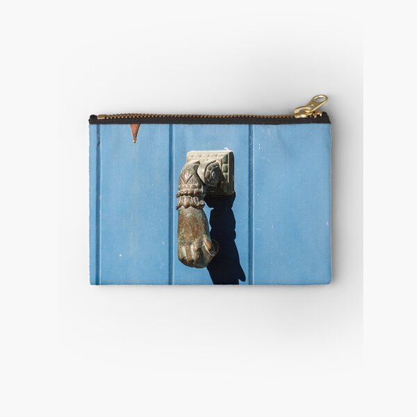 Item preview, Antique Brass Hand Door Knocker On Weathered Blue Wooden Door With Rustic Keyhole Plate designed and sold by Nmallia.