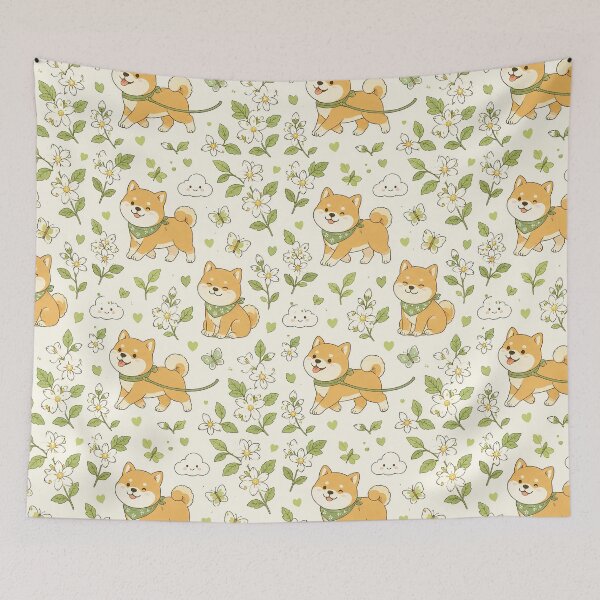 Item preview, Shiba Inu Jasmine Walk Kawaii Floral Pattern designed and sold by Soft Berry Studio.