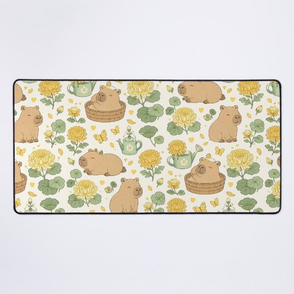 Item preview, Capybara Chrysanthemum Garden Kawaii Floral Pattern designed and sold by Soft Berry Studio.
