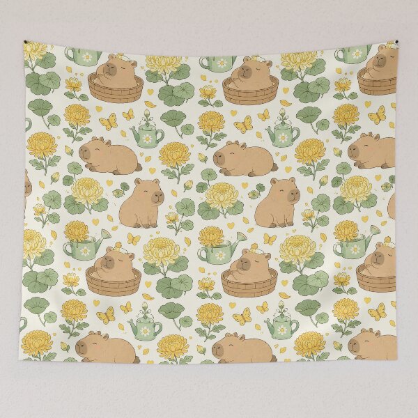 Item preview, Capybara Chrysanthemum Garden Kawaii Floral Pattern designed and sold by Soft Berry Studio.