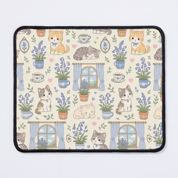 Item preview, Cozy Cat Bluebell Window Kawaii Floral Pattern designed and sold by Soft Berry Studio.
