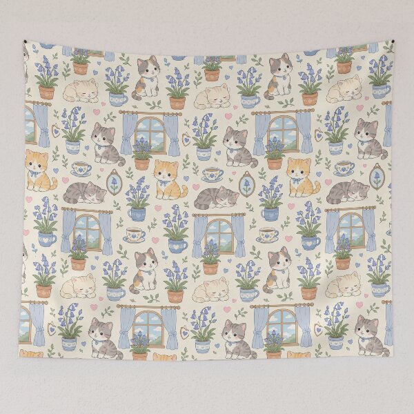 Item preview, Cozy Cat Bluebell Window Kawaii Floral Pattern designed and sold by Soft Berry Studio.
