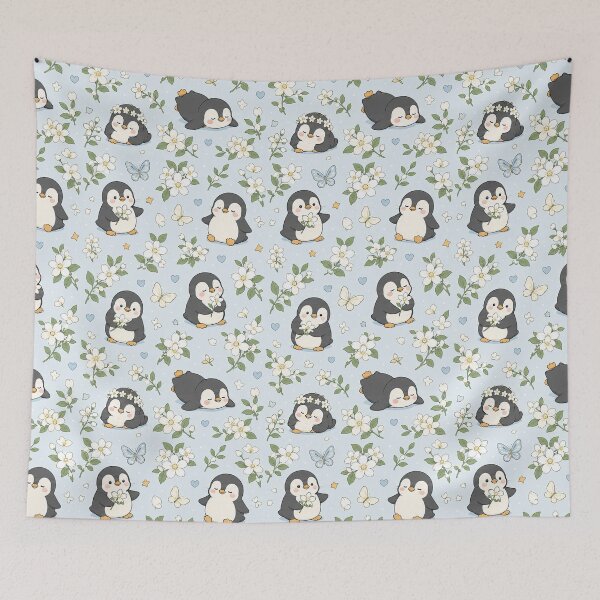 Item preview, Penguin Jasmine Garden Kawaii Floral Pattern designed and sold by Soft Berry Studio.