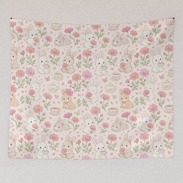 Item preview, Bunny Cosmos Tea Garden Kawaii Floral Pattern designed and sold by Soft Berry Studio.