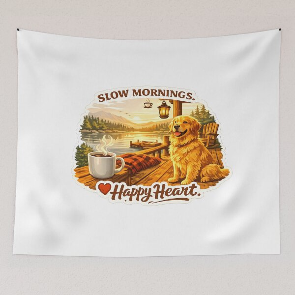 Item preview, Slow Mornings, Happy Heart – Golden Retriever Lake Cabin Design, Cozy Coffee & Dock Sticker/Shirt designed and sold by Sahil Randhawa.