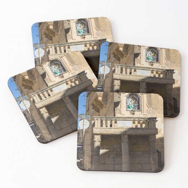 Item preview, Stone Balcony Shrine With Religious Statue And Historic Mediterranean Architecture On Sunny Street Corner designed and sold by Nmallia.