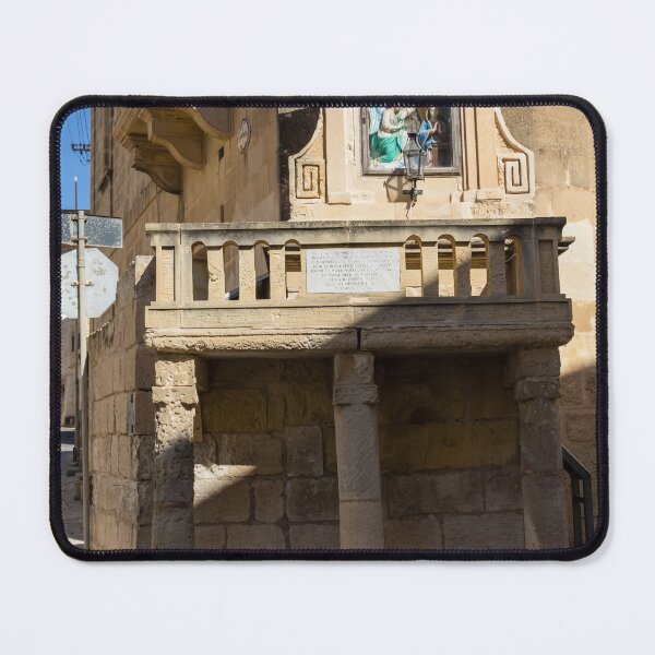Item preview, Stone Balcony Shrine With Religious Statue And Historic Mediterranean Architecture On Sunny Street Corner designed and sold by Nmallia.