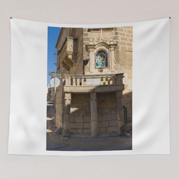 Item preview, Stone Balcony Shrine With Religious Statue And Historic Mediterranean Architecture On Sunny Street Corner designed and sold by Nmallia.