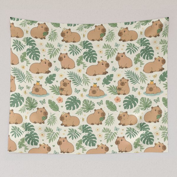 Item preview, Cute Capybara Palm Leaf Kawaii Pattern designed and sold by Soft Berry Studio.