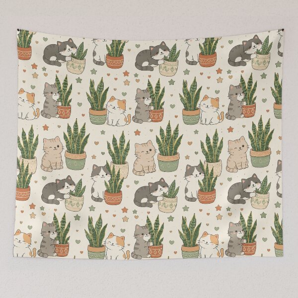 Item preview, Cute Cozy Cat Snake Plant Kawaii Pattern designed and sold by Soft Berry Studio.