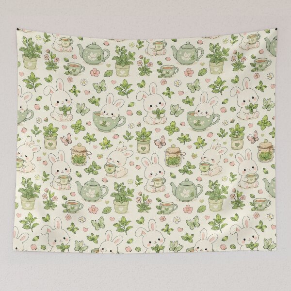 Item preview, Cute Bunny Mint Tea Garden Kawaii Pattern designed and sold by Soft Berry Studio.