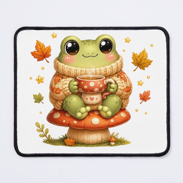 Item preview, Cozy Autumn Frog with Tea on a Mushroom designed and sold by cat-and-pigeon.