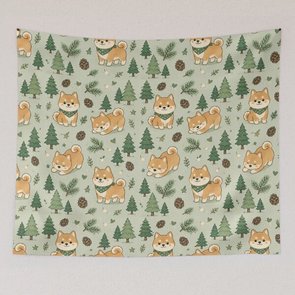 Item preview, Cute Shiba Inu Pine Forest Kawaii Pattern designed and sold by Soft Berry Studio.
